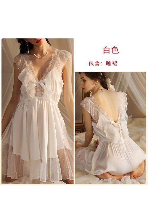 Lace Chemise Nightgown - Silk-like Bridal Teddy With Bow Details & Open Back